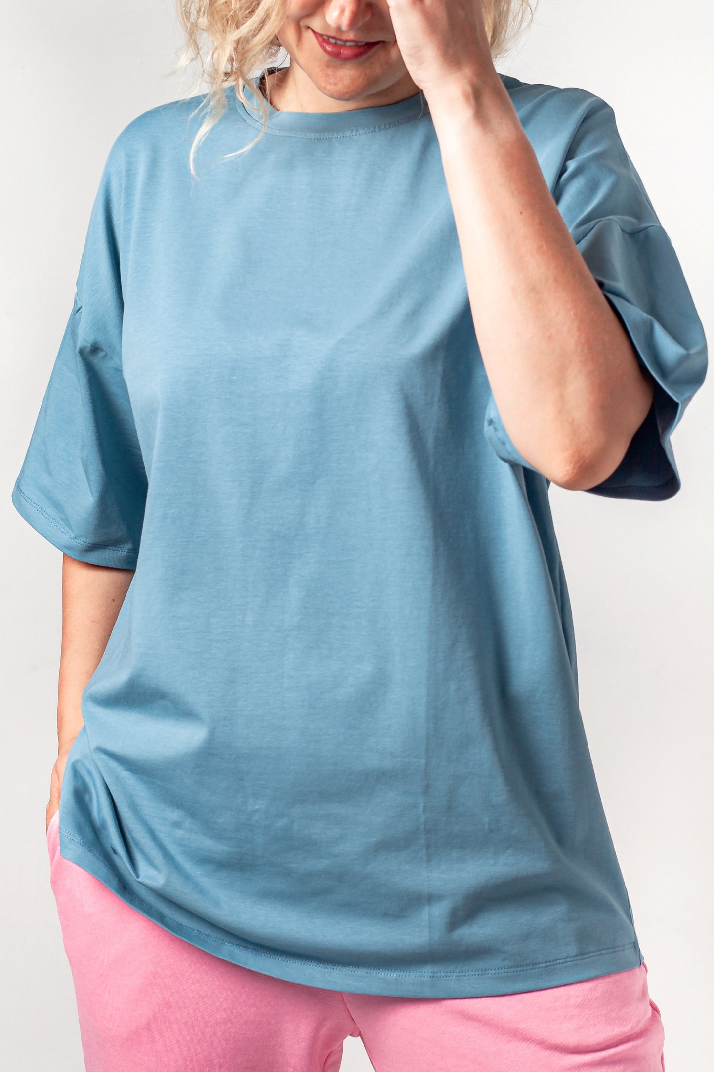 T-Shirt Einfarbiges Blau Oversize Baumwolle