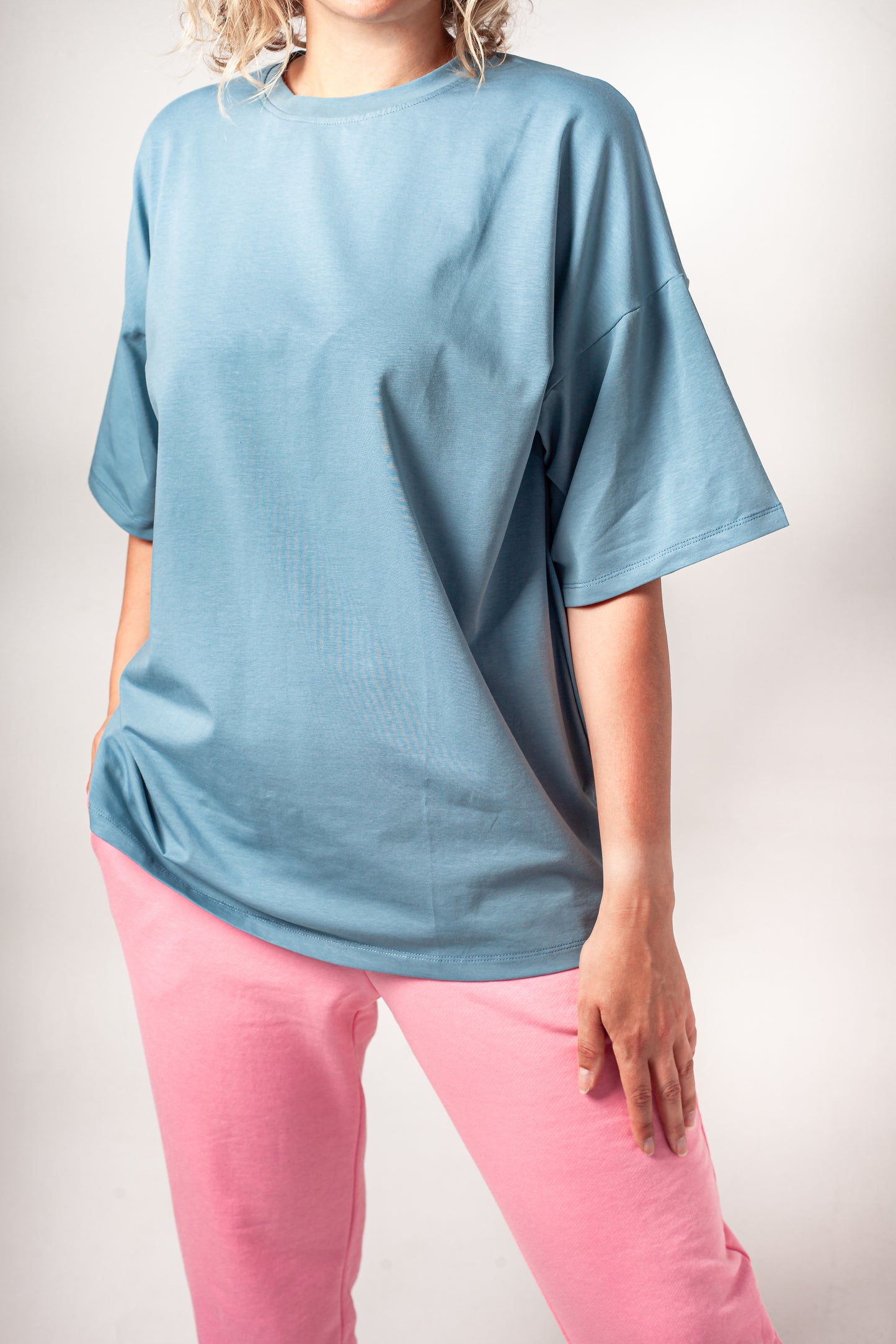 T-Shirt Einfarbiges Blau Oversize Baumwolle